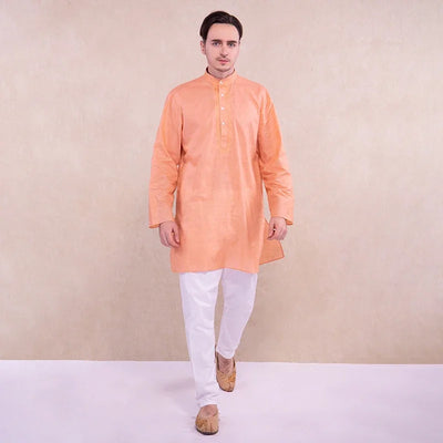 Men Kurtis Ethnic Style Orange Shirt White Pants Hindu Clothes Male Cotton Kurta India Costume