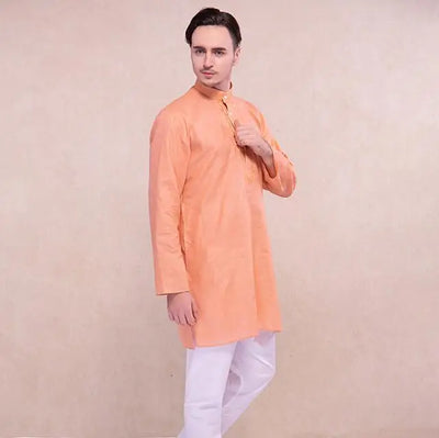 Traditional Indian Men Kurta Shirt Spring Blouse Long Thin Orange